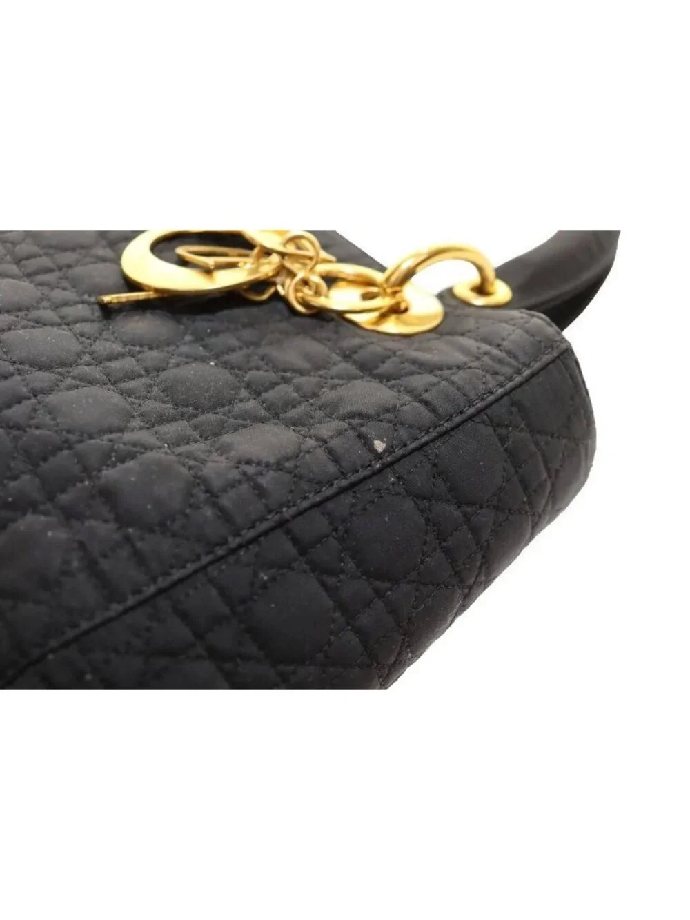 Dior Lady Cannage Hand Bag Quilted Metal Charm Black